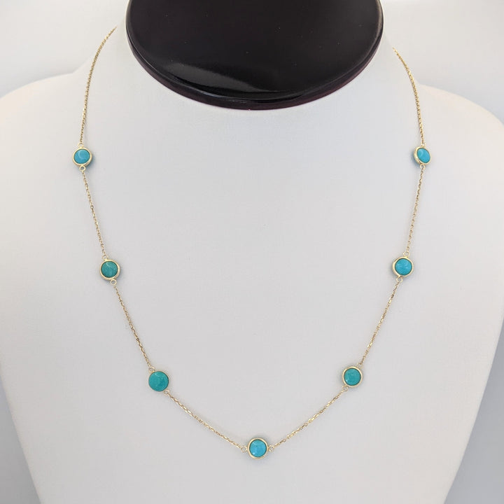 14K TURQUOISE (18) ROUND 4.5MM STATIONED ESTATE NECKLACE, BRACELET, &amp; EARRINGS SET 7.0 GRAMS