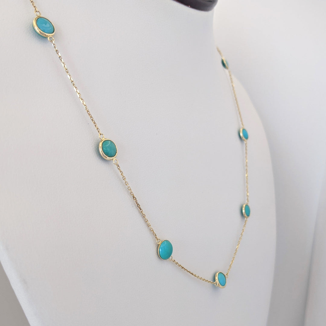 14K TURQUOISE (18) ROUND 4.5MM STATIONED ESTATE NECKLACE, BRACELET, &amp; EARRINGS SET 7.0 GRAMS