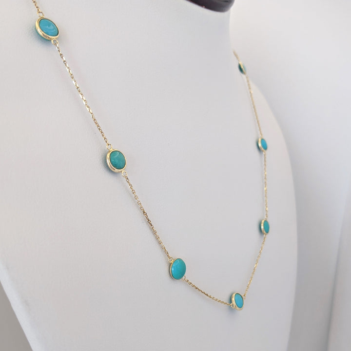 14K TURQUOISE (18) ROUND 4.5MM STATIONED ESTATE NECKLACE, BRACELET, &amp; EARRINGS SET 7.0 GRAMS
