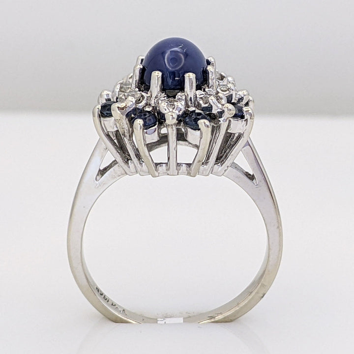 14K WHITE LAB-CREATED STAR SAPPHIRE OVAL WITH (8) 2.2MM SAPPHIRE ROUND AND .24 DIAMOND TOTAL WEIGHT (8) ROUND ESTATE RING 4.8 GRAMS