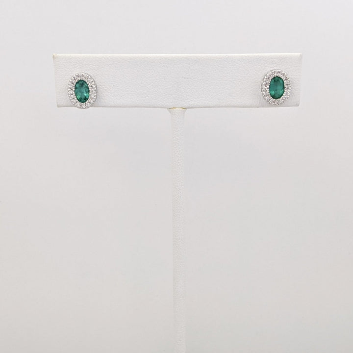 14K WHITE EMERALD OVAL 4X6 BEZEL WITH .15 DIAMOND TOTAL WEIGHT ESTATE EARRINGS 1.6 GRAMS
