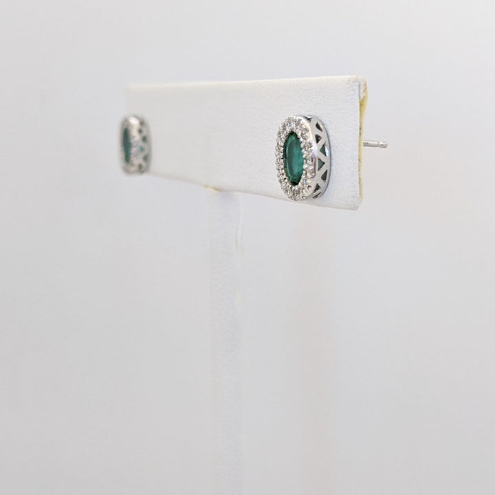 14K WHITE EMERALD OVAL 4X6 BEZEL WITH .15 DIAMOND TOTAL WEIGHT ESTATE EARRINGS 1.6 GRAMS