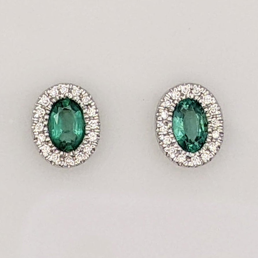 14K WHITE EMERALD OVAL 4X6 BEZEL WITH .15 DIAMOND TOTAL WEIGHT ESTATE EARRINGS 1.6 GRAMS