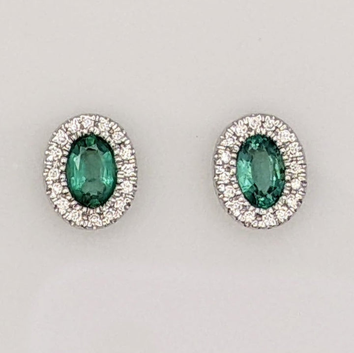 14K WHITE EMERALD OVAL 4X6 BEZEL WITH .15 DIAMOND TOTAL WEIGHT ESTATE EARRINGS 1.6 GRAMS
