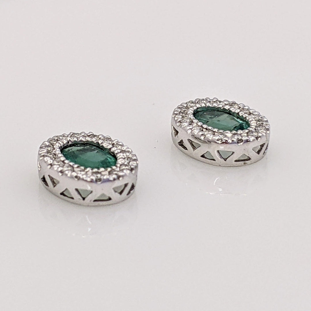 14K WHITE EMERALD OVAL 4X6 BEZEL WITH .15 DIAMOND TOTAL WEIGHT ESTATE EARRINGS 1.6 GRAMS
