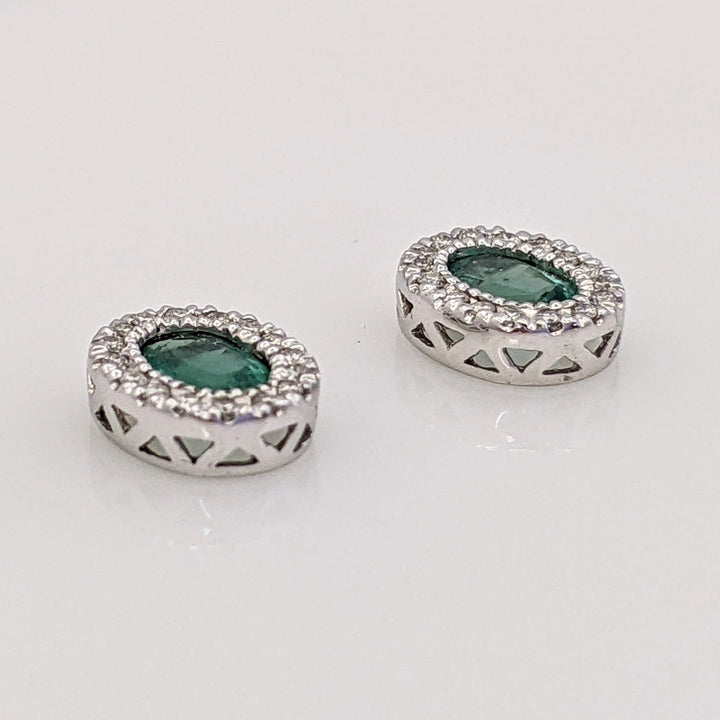 14K WHITE EMERALD OVAL 4X6 BEZEL WITH .15 DIAMOND TOTAL WEIGHT ESTATE EARRINGS 1.6 GRAMS