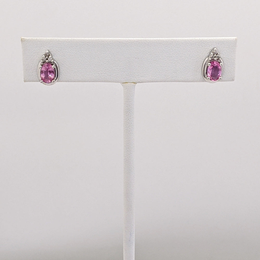 14K WHITE PINK SAPPHIRE OVAL 4X6 WITH (6) MELEE ESTATE EARRINGS 2.0 GRAMS