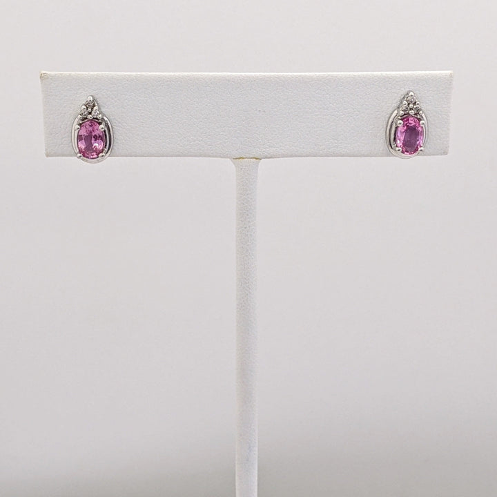 14K WHITE PINK SAPPHIRE OVAL 4X6 WITH (6) MELEE ESTATE EARRINGS 2.0 GRAMS