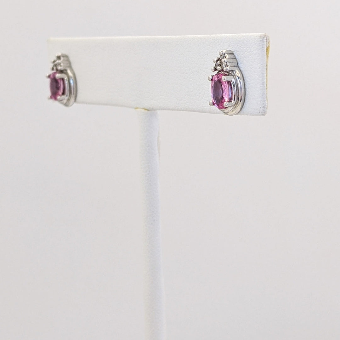 14K WHITE PINK SAPPHIRE OVAL 4X6 WITH (6) MELEE ESTATE EARRINGS 2.0 GRAMS