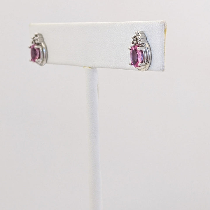 14K WHITE PINK SAPPHIRE OVAL 4X6 WITH (6) MELEE ESTATE EARRINGS 2.0 GRAMS