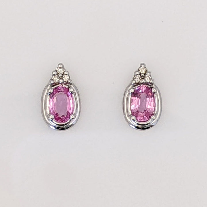 14K WHITE PINK SAPPHIRE OVAL 4X6 WITH (6) MELEE ESTATE EARRINGS 2.0 GRAMS