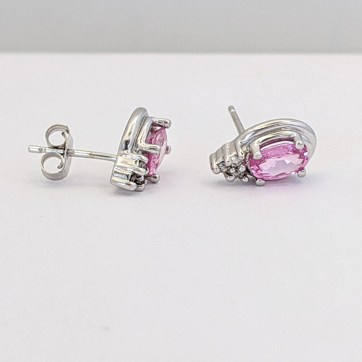 14K WHITE PINK SAPPHIRE OVAL 4X6 WITH (6) MELEE ESTATE EARRINGS 2.0 GRAMS