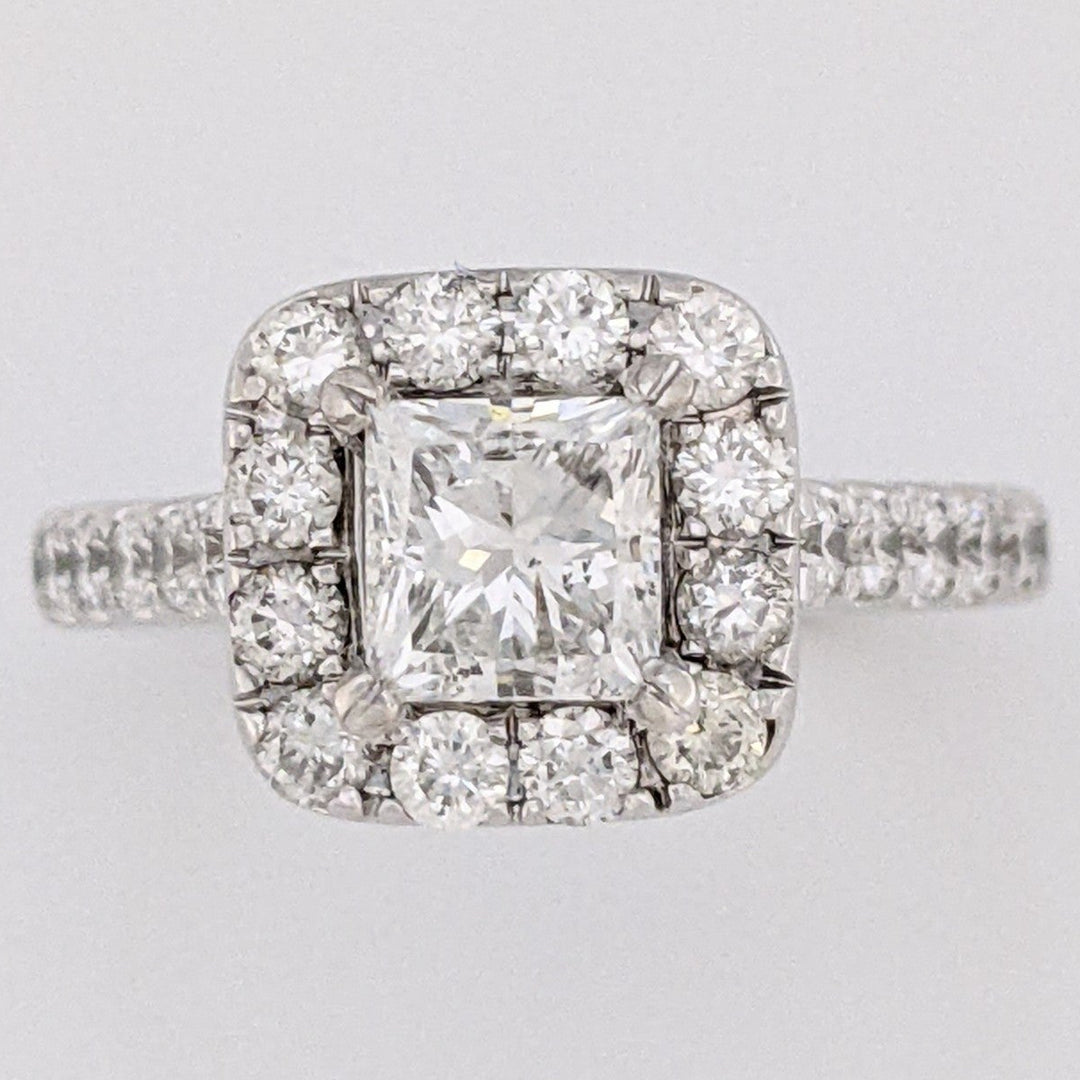 14K WHITE 1.81 CARAT TOTAL WEIGHT SI2 H DIAMOND PRINCESS CUT (1) ROUND (52) ESTATE HALO RING 4.9 GRAMS