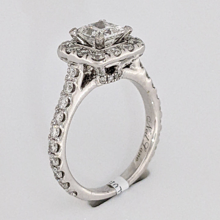 14K WHITE 1.81 CARAT TOTAL WEIGHT SI2 H DIAMOND PRINCESS CUT (1) ROUND (52) ESTATE HALO RING 4.9 GRAMS