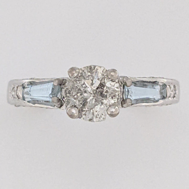 14K WHITE 1.00 CARAT TOTAL WEIGHT I2 M DIAMOND ROUND (27) AQUAMARINE BAGUETTES (2) ESTATE RING 3.1 GRAMS