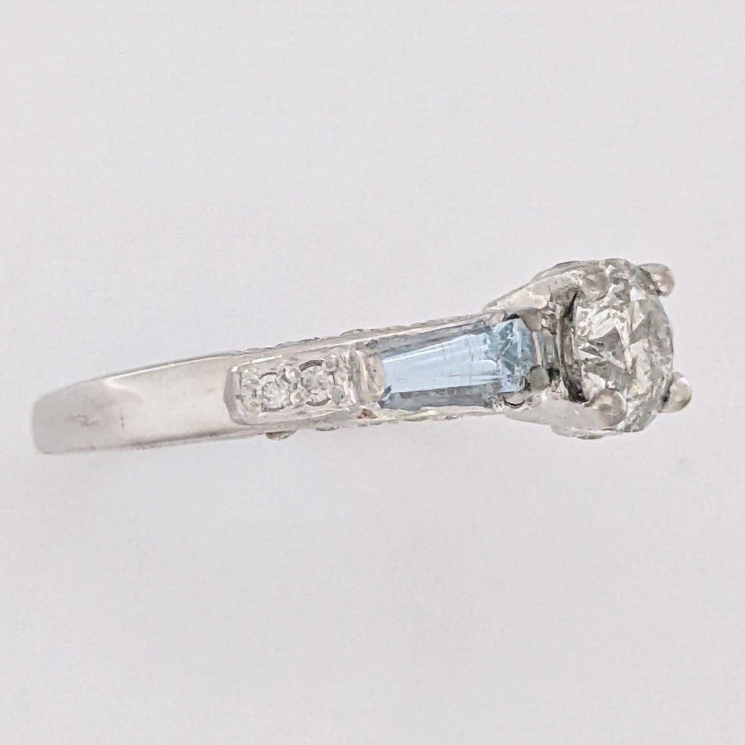 14K WHITE 1.00 CARAT TOTAL WEIGHT I2 M DIAMOND ROUND (27) AQUAMARINE BAGUETTES (2) ESTATE RING 3.1 GRAMS