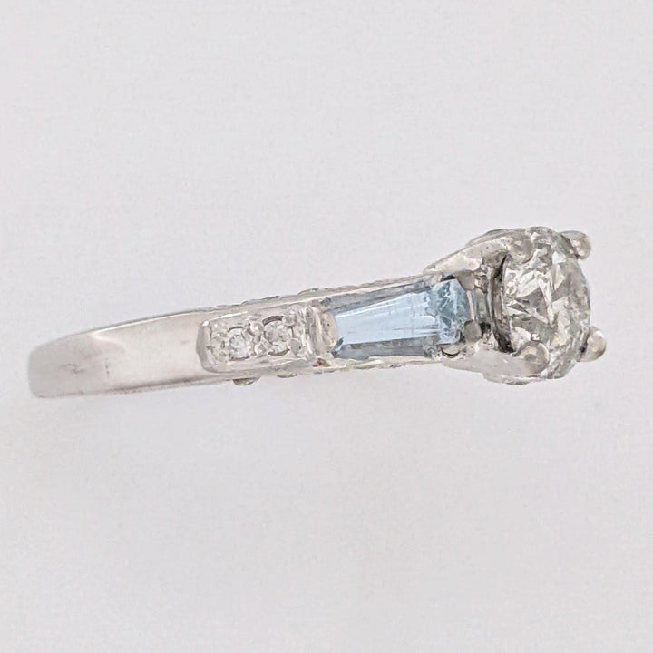 14K WHITE 1.00 CARAT TOTAL WEIGHT I2 M DIAMOND ROUND (27) AQUAMARINE BAGUETTES (2) ESTATE RING 3.1 GRAMS