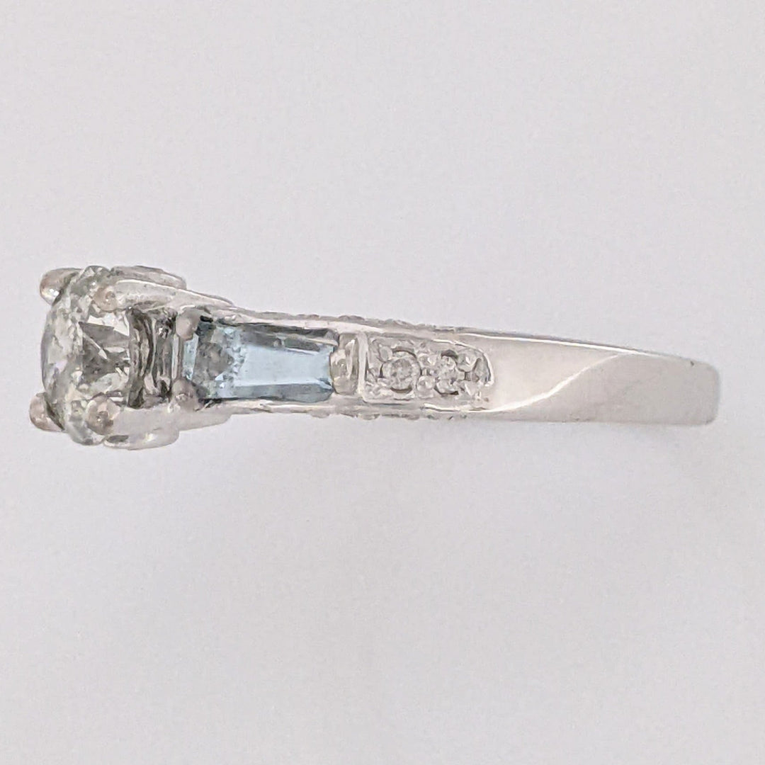 14K WHITE 1.00 CARAT TOTAL WEIGHT I2 M DIAMOND ROUND (27) AQUAMARINE BAGUETTES (2) ESTATE RING 3.1 GRAMS