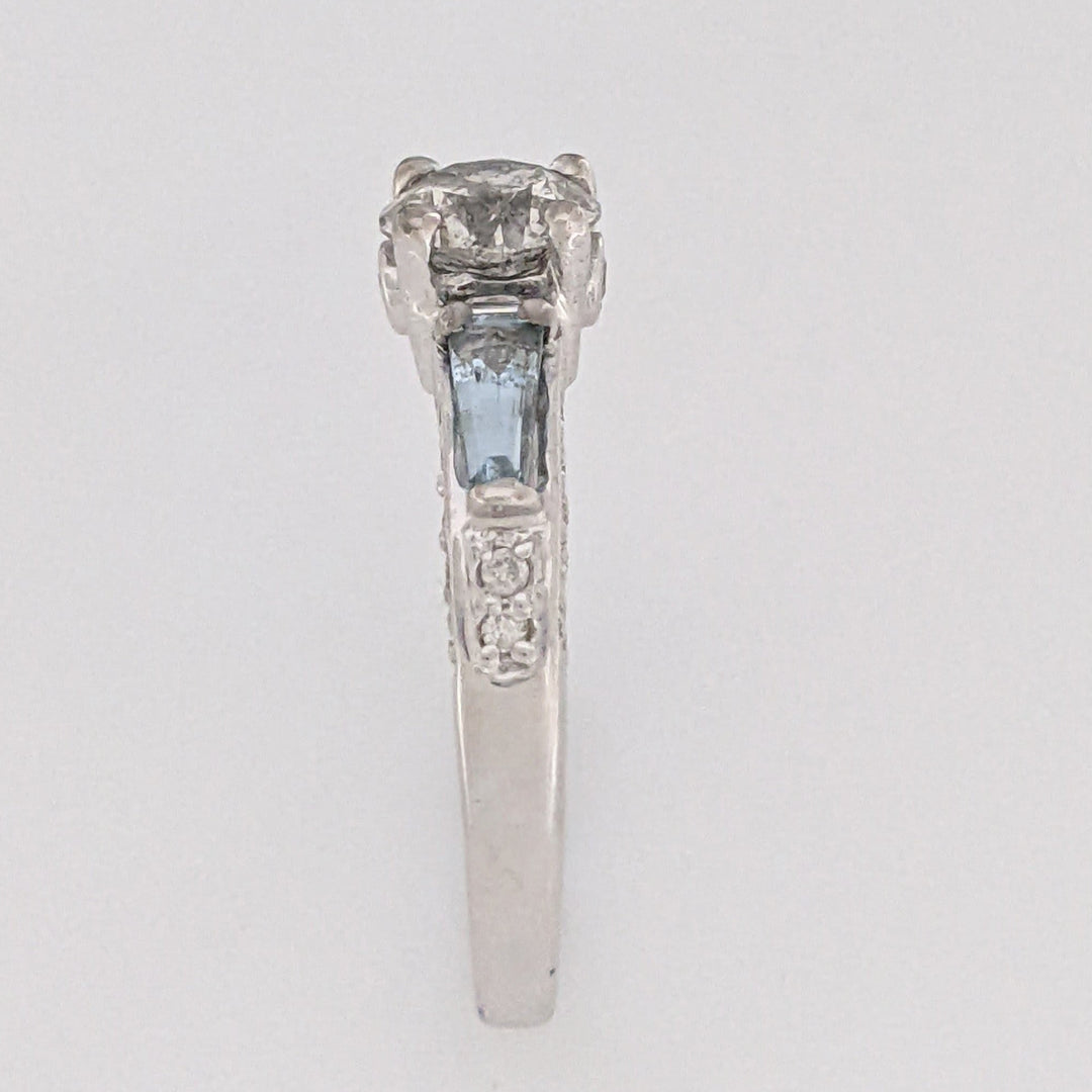 14K WHITE 1.00 CARAT TOTAL WEIGHT I2 M DIAMOND ROUND (27) AQUAMARINE BAGUETTES (2) ESTATE RING 3.1 GRAMS