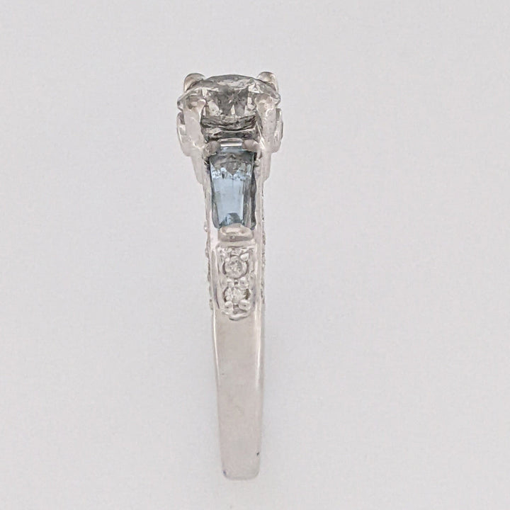 14K WHITE 1.00 CARAT TOTAL WEIGHT I2 M DIAMOND ROUND (27) AQUAMARINE BAGUETTES (2) ESTATE RING 3.1 GRAMS