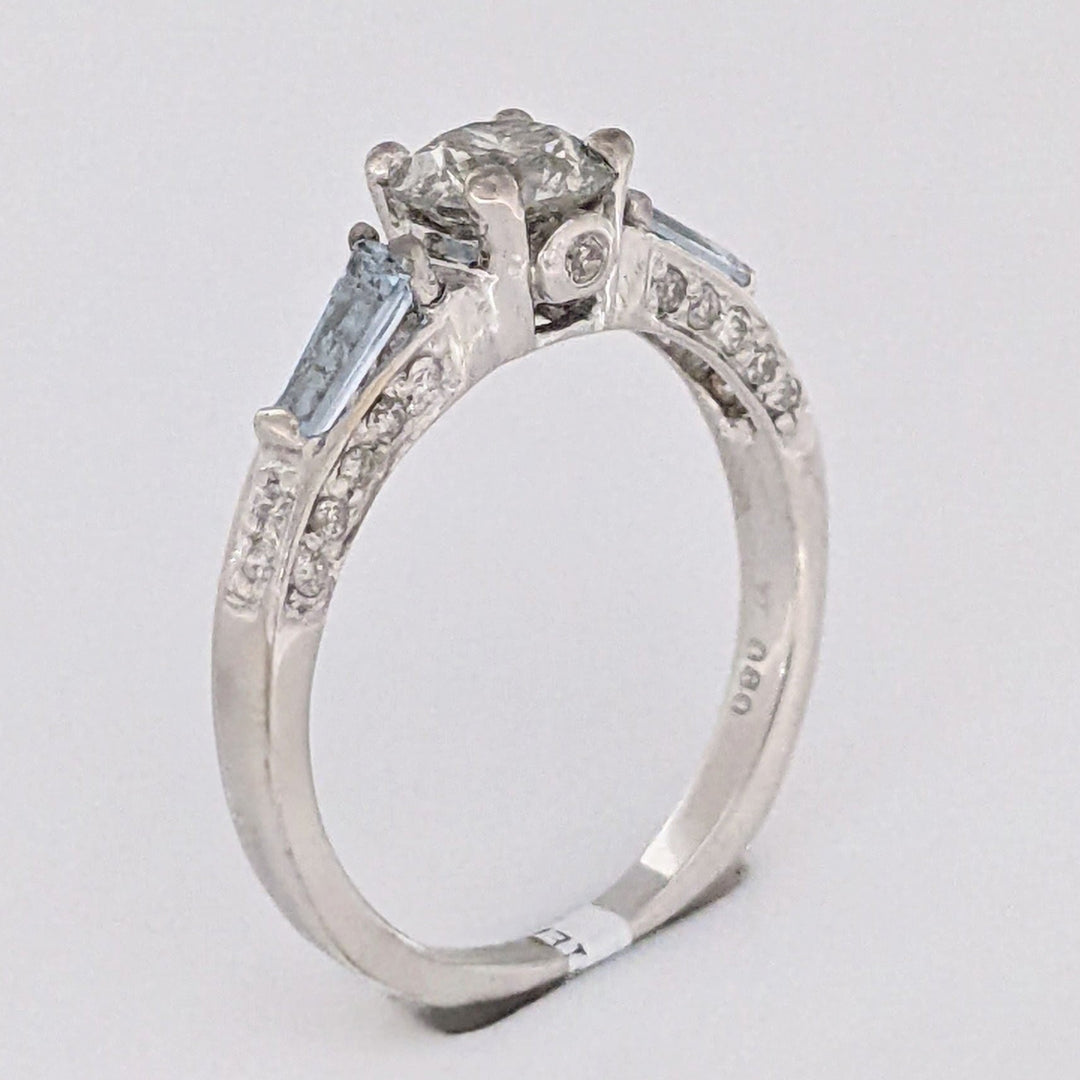 14K WHITE 1.00 CARAT TOTAL WEIGHT I2 M DIAMOND ROUND (27) AQUAMARINE BAGUETTES (2) ESTATE RING 3.1 GRAMS