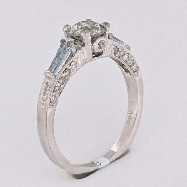 14K WHITE 1.00 CARAT TOTAL WEIGHT I2 M DIAMOND ROUND (27) AQUAMARINE BAGUETTES (2) ESTATE RING 3.1 GRAMS