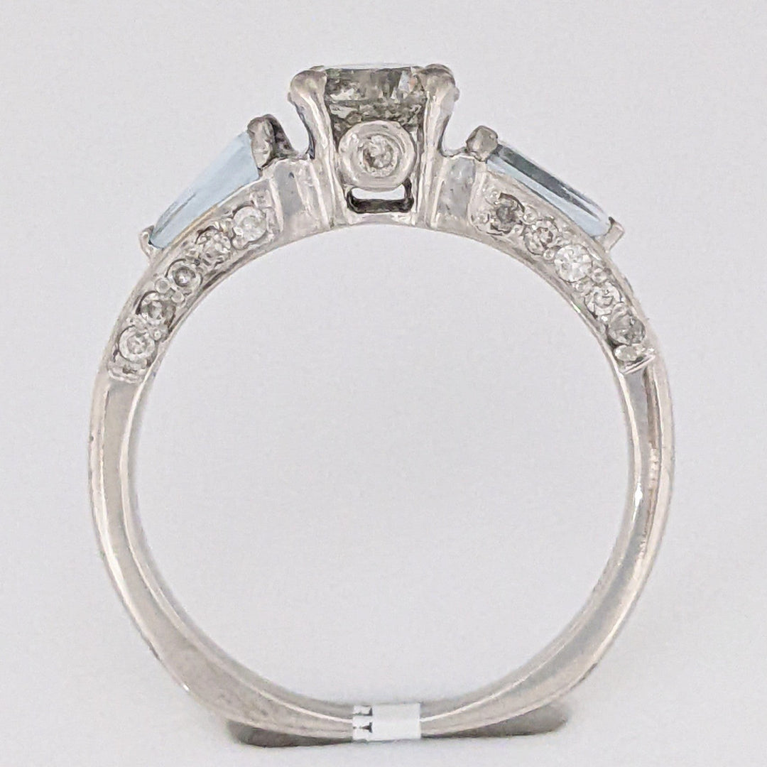 14K WHITE 1.00 CARAT TOTAL WEIGHT I2 M DIAMOND ROUND (27) AQUAMARINE BAGUETTES (2) ESTATE RING 3.1 GRAMS