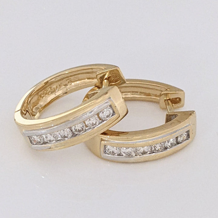 14K TWO-TONE .48 CARAT TOTAL WEIGHT SI1 J DIAMOND ROUND (12) CHANNEL ESTATE HOOP EARRINGS 5.5 GRAMS