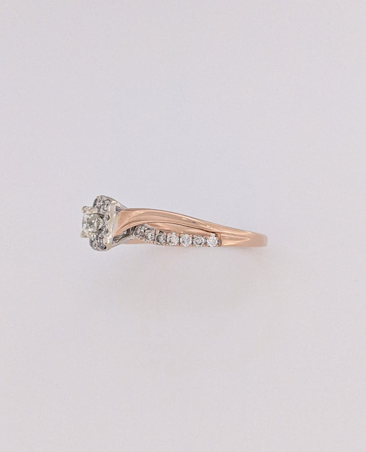 14K ROSE .82 CARAT TOTAL WEIGHT I1 H DIAMOND ROUND (27) ESTATE HALO RING 3.8 GRAMS