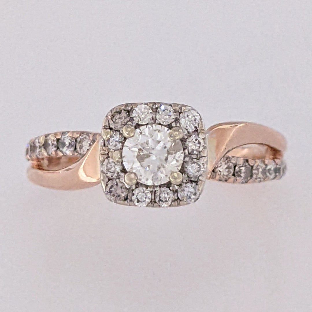14K ROSE .82 CARAT TOTAL WEIGHT I1 H DIAMOND ROUND (27) ESTATE HALO RING 3.8 GRAMS