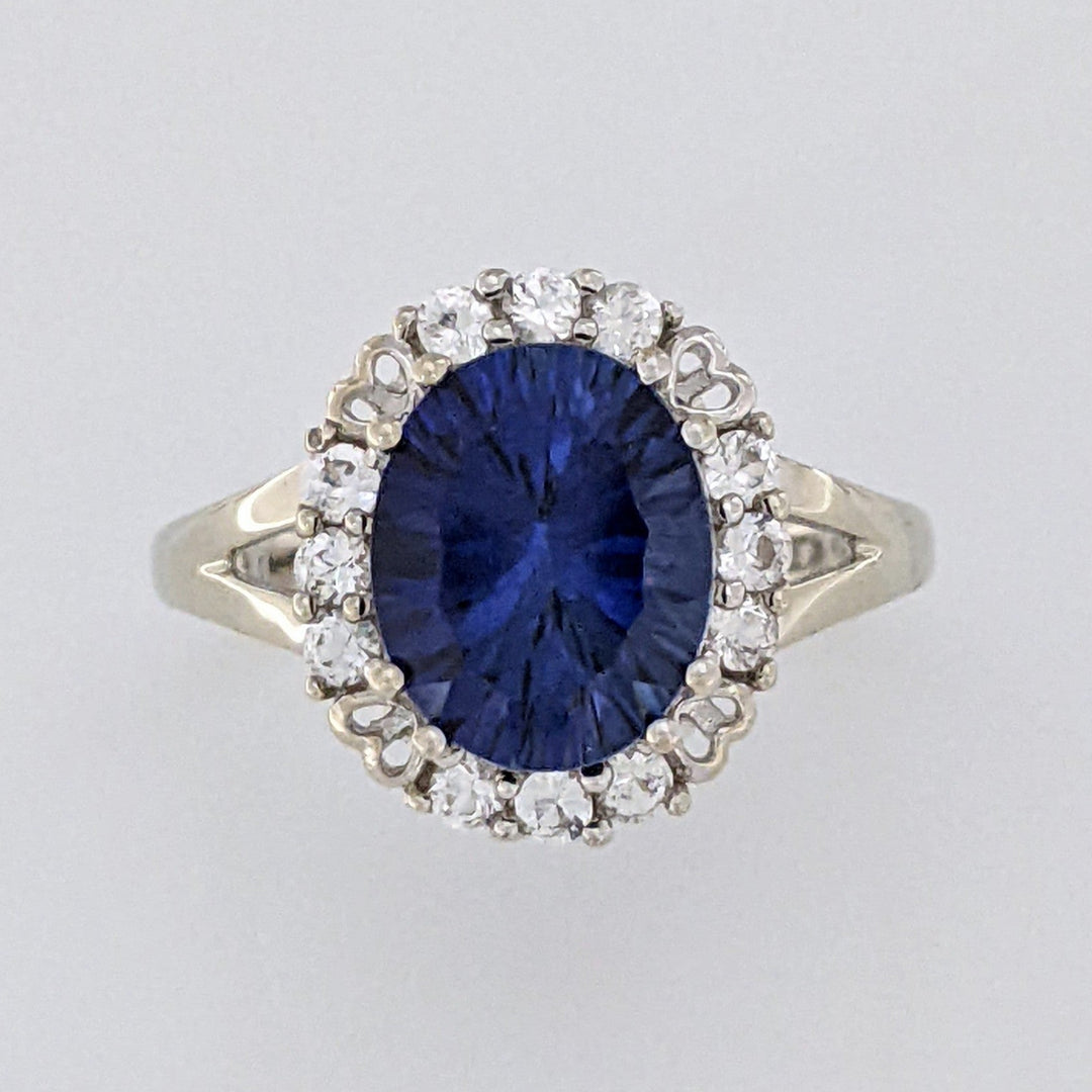 10K WHITE LAB-CREATED SAPPHIRE OVAL 8X10 WITH WHITE SAPPHIRE ESTATE RING 3.2 GRAMS