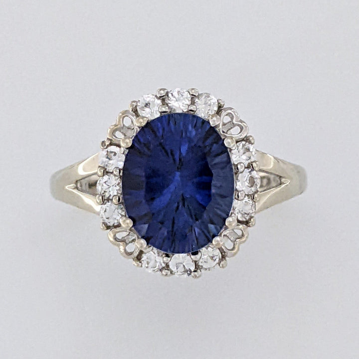 10K WHITE LAB-CREATED SAPPHIRE OVAL 8X10 WITH WHITE SAPPHIRE ESTATE RING 3.2 GRAMS