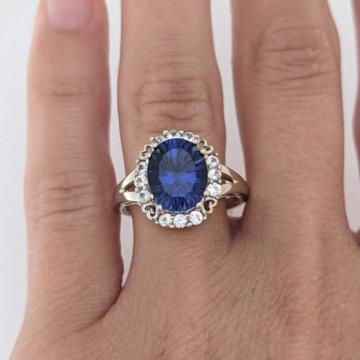 10K WHITE LAB-CREATED SAPPHIRE OVAL 8X10 WITH WHITE SAPPHIRE ESTATE RING 3.2 GRAMS