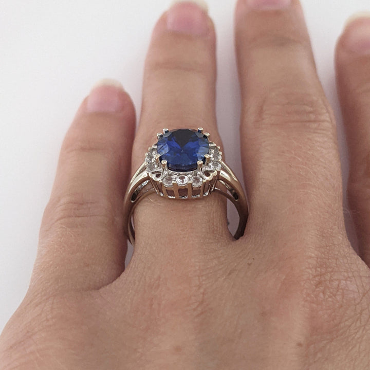 10K WHITE LAB-CREATED SAPPHIRE OVAL 8X10 WITH WHITE SAPPHIRE ESTATE RING 3.2 GRAMS
