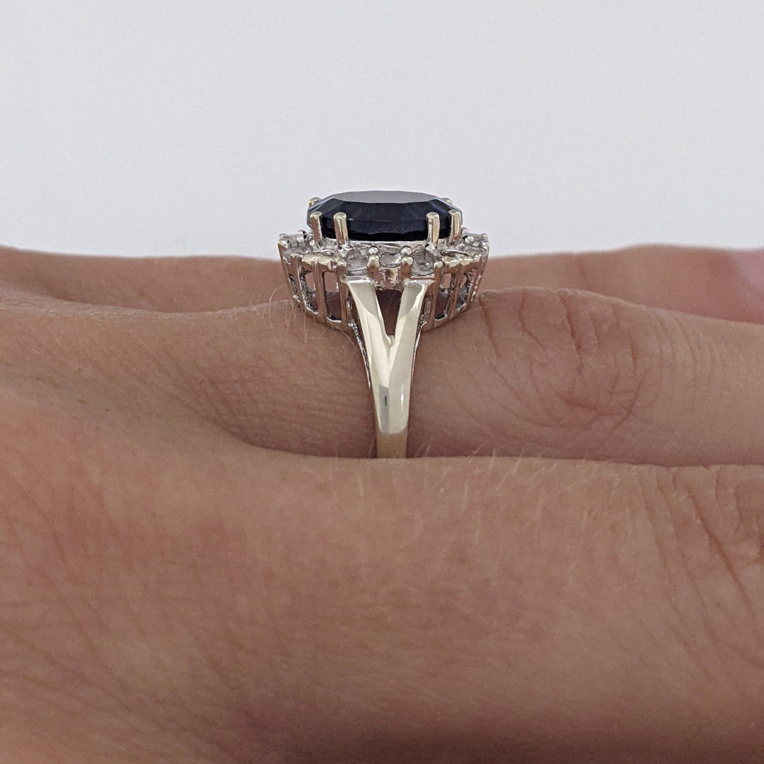 10K WHITE LAB-CREATED SAPPHIRE OVAL 8X10 WITH WHITE SAPPHIRE ESTATE RING 3.2 GRAMS
