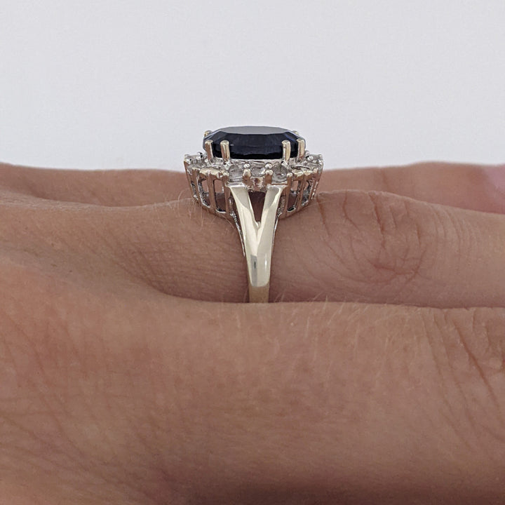 10K WHITE LAB-CREATED SAPPHIRE OVAL 8X10 WITH WHITE SAPPHIRE ESTATE RING 3.2 GRAMS