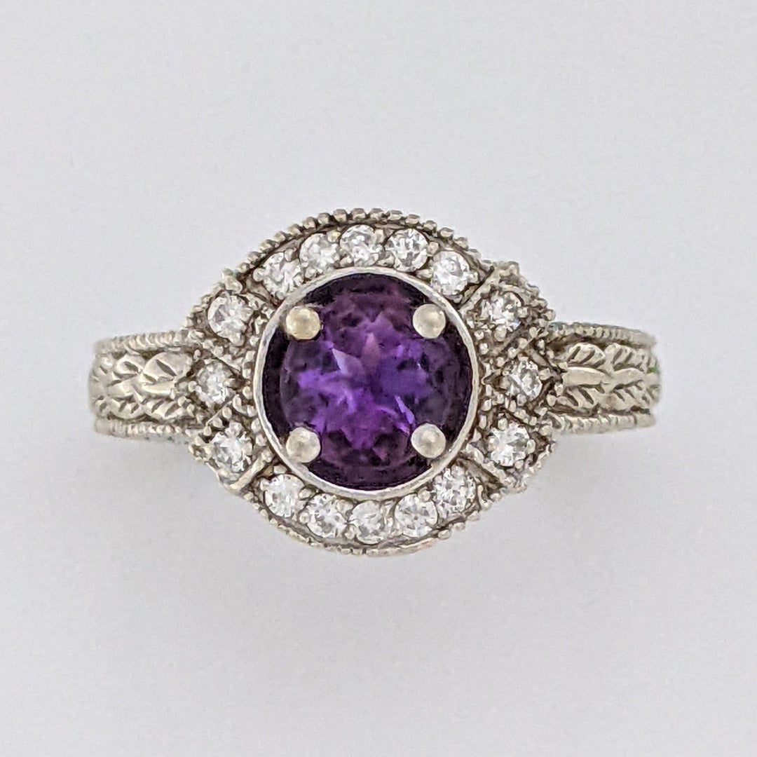 14K WHITE AMETHYST ROUND 6MM WITH .16 DIAMOND TOTAL WEIGHT (20) ROUND ESTATE RING 5.1 GRAMS