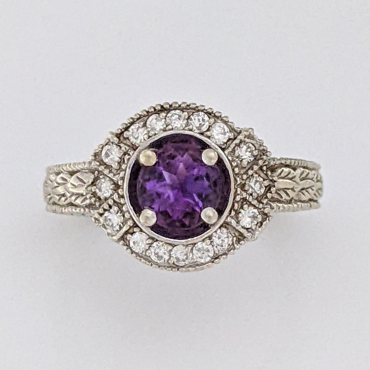 14K WHITE AMETHYST ROUND 6MM WITH .16 DIAMOND TOTAL WEIGHT (20) ROUND ESTATE RING 5.1 GRAMS