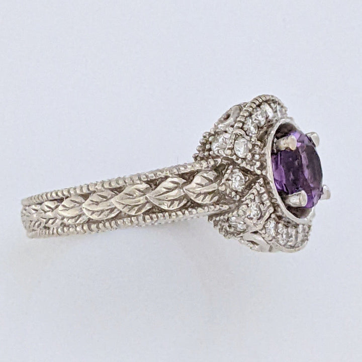 14K WHITE AMETHYST ROUND 6MM WITH .16 DIAMOND TOTAL WEIGHT (20) ROUND ESTATE RING 5.1 GRAMS