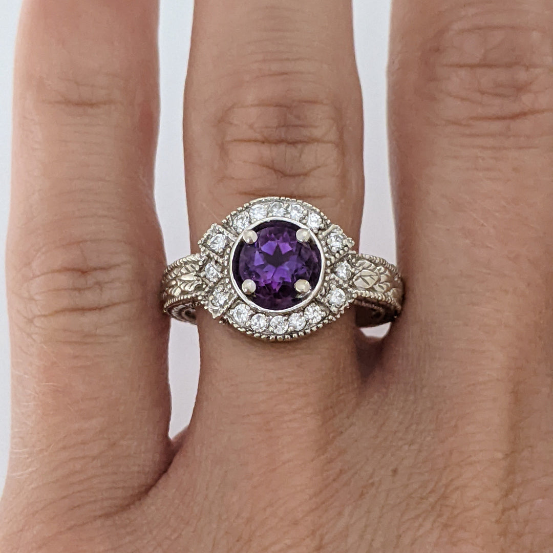 14K WHITE AMETHYST ROUND 6MM WITH .16 DIAMOND TOTAL WEIGHT (20) ROUND ESTATE RING 5.1 GRAMS