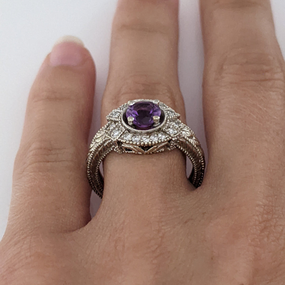 14K WHITE AMETHYST ROUND 6MM WITH .16 DIAMOND TOTAL WEIGHT (20) ROUND ESTATE RING 5.1 GRAMS