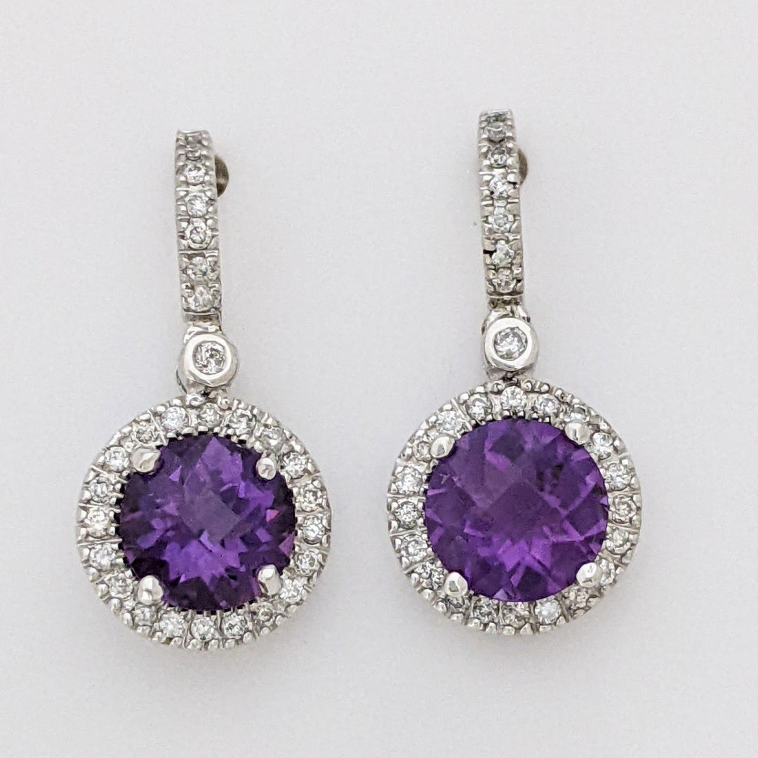 14K WHITE AMETHYST ROUND 7MM WITH .28 DIAMOND TOTAL WEIGHT DANGLE ESTATE EARRINGS 3.1 GRAMS