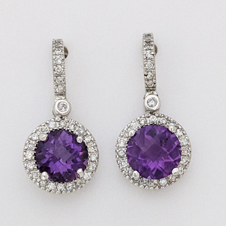 14K WHITE AMETHYST ROUND 7MM WITH .28 DIAMOND TOTAL WEIGHT DANGLE ESTATE EARRINGS 3.1 GRAMS