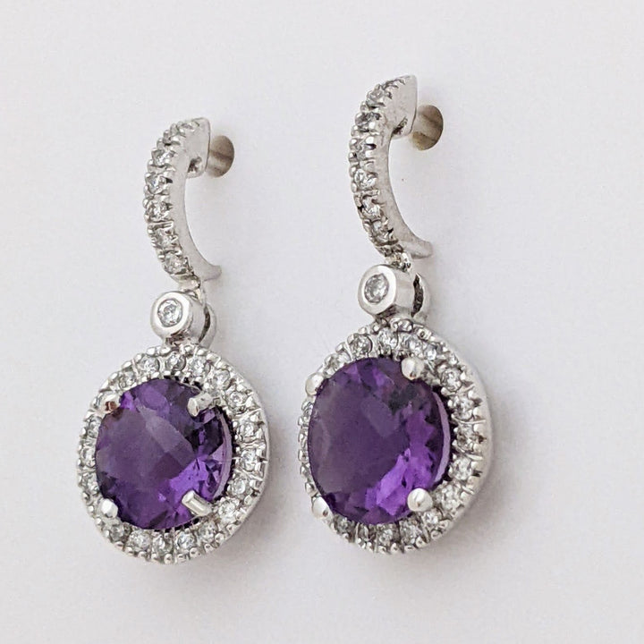 14K WHITE AMETHYST ROUND 7MM WITH .28 DIAMOND TOTAL WEIGHT DANGLE ESTATE EARRINGS 3.1 GRAMS