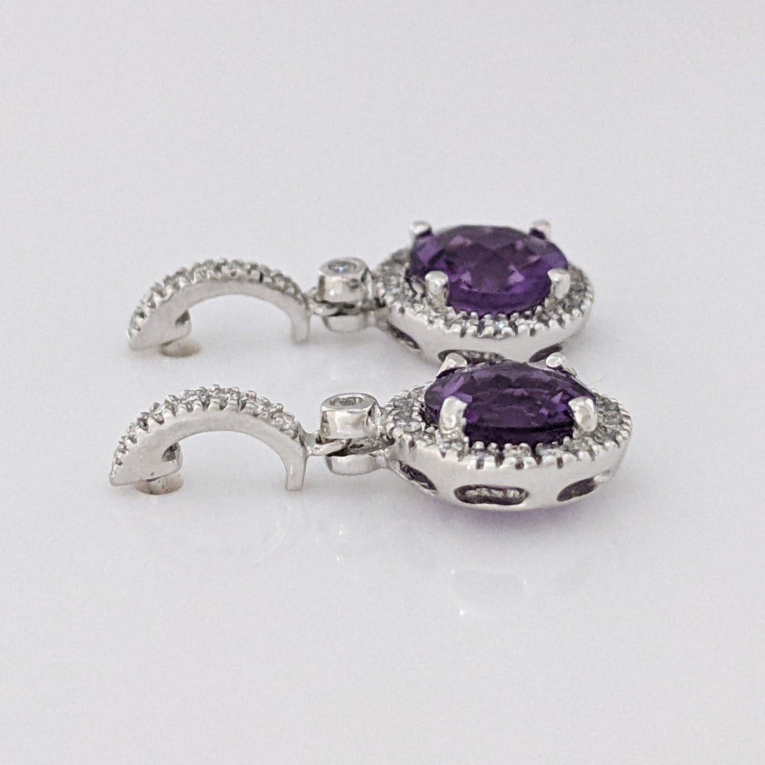 14K WHITE AMETHYST ROUND 7MM WITH .28 DIAMOND TOTAL WEIGHT DANGLE ESTATE EARRINGS 3.1 GRAMS
