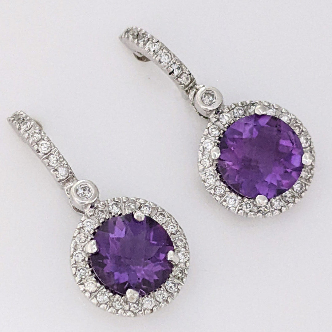 14K WHITE AMETHYST ROUND 7MM WITH .28 DIAMOND TOTAL WEIGHT DANGLE ESTATE EARRINGS 3.1 GRAMS