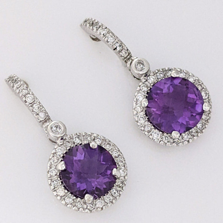 14K WHITE AMETHYST ROUND 7MM WITH .28 DIAMOND TOTAL WEIGHT DANGLE ESTATE EARRINGS 3.1 GRAMS