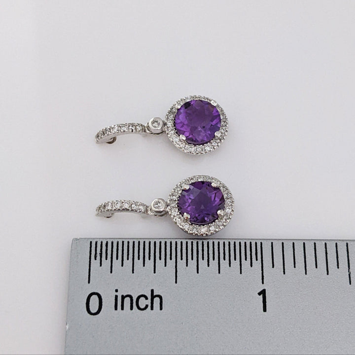 14K WHITE AMETHYST ROUND 7MM WITH .28 DIAMOND TOTAL WEIGHT DANGLE ESTATE EARRINGS 3.1 GRAMS