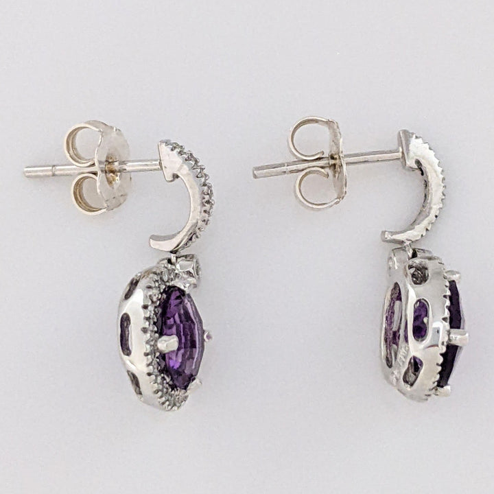 14K WHITE AMETHYST ROUND 7MM WITH .28 DIAMOND TOTAL WEIGHT DANGLE ESTATE EARRINGS 3.1 GRAMS