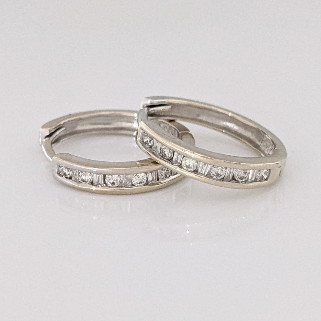 14K WHITE .23 CARAT TOTAL WEIGHT I1 I DIAMOND ROUND (12) BAGUETTE (10) ESTATE HOOP EARRINGS 2.5 GRAMS